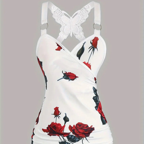 Rose Print Pleated Suspenders Butterfly Lace Cross Vest Women’s Tops